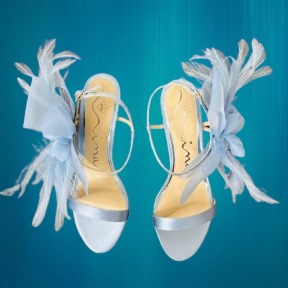 Nina Women Sheryl Almond Toe Dress Sandals 9.5 M Icy Blue Crystal Satin/Feather - Picture 2 of 16